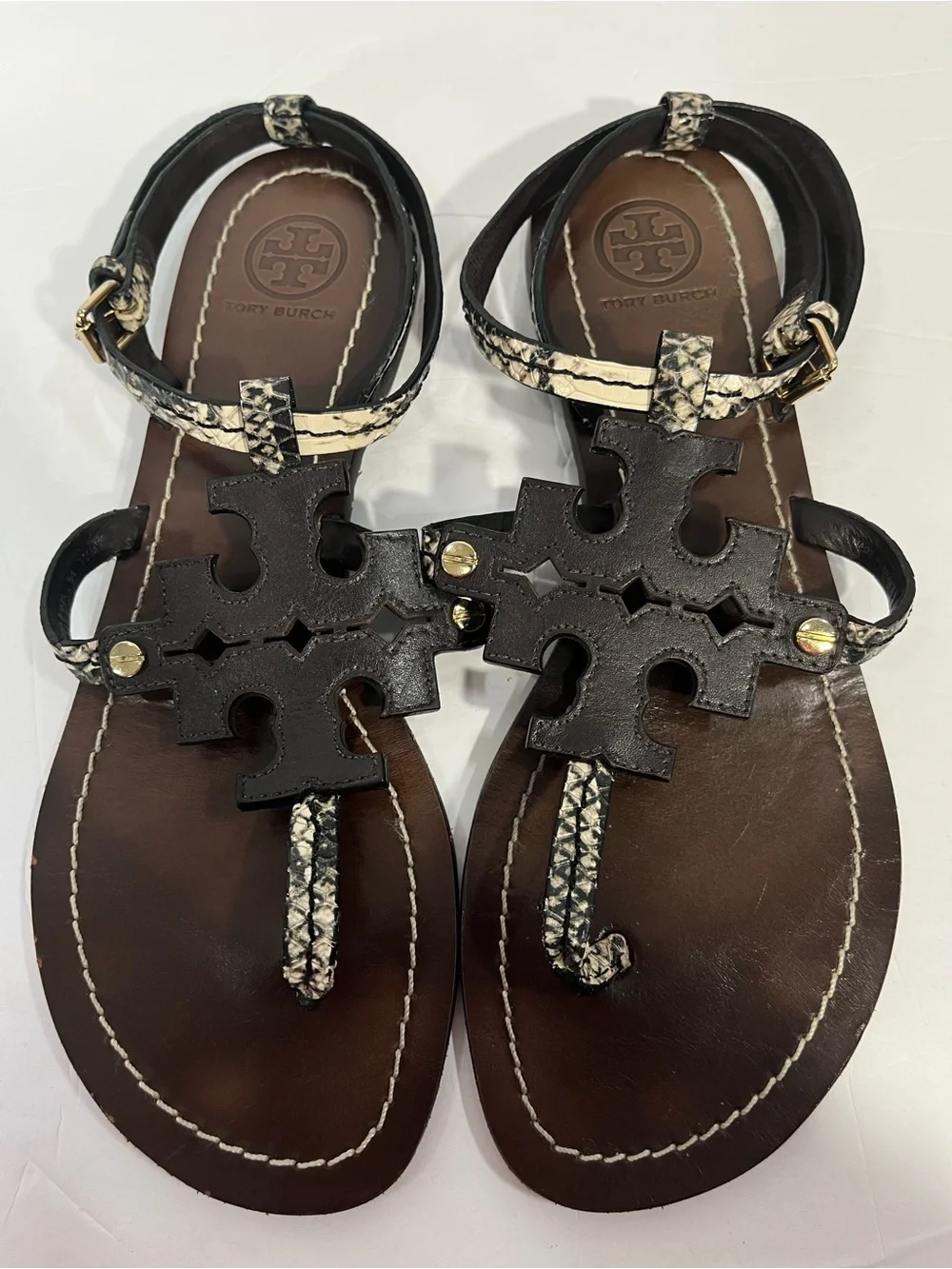 Tory Burch Phoebe Flat Thong Ankle Sandals size 7.5 in Brown Snake Print